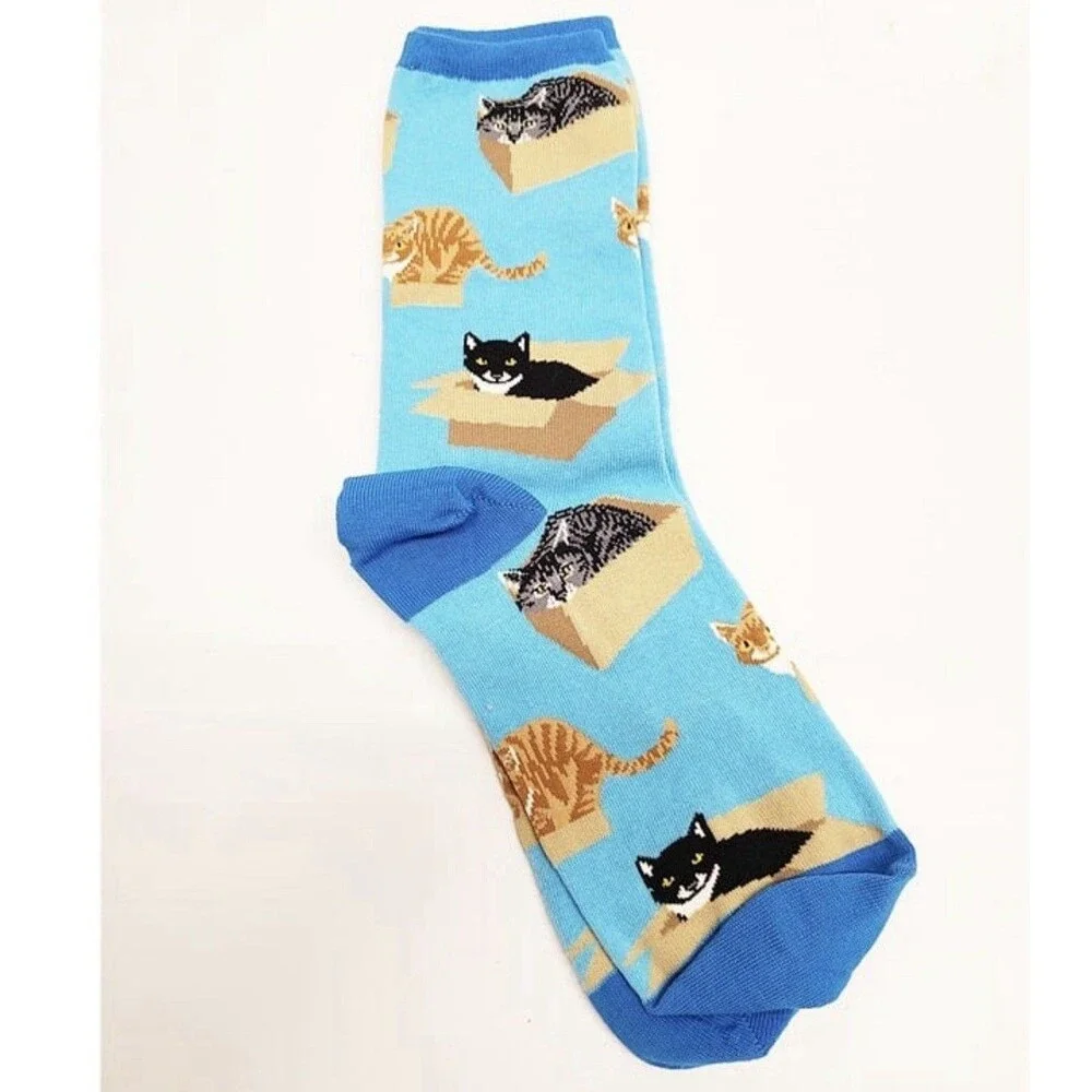 Socksmith Women's Crew Socks‎ Cat in a Box Kittens Kitty Sock Novelty Blue NEW